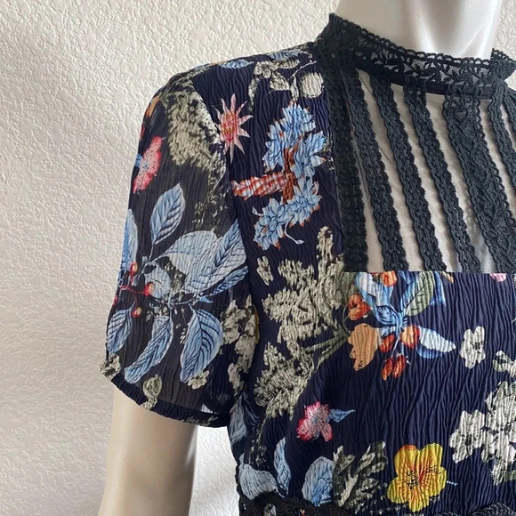 NWT Foxiedox Juniper Navy Blue Black Floral Print Mesh Embroidered Neck Dress L - Picture 6 of 12